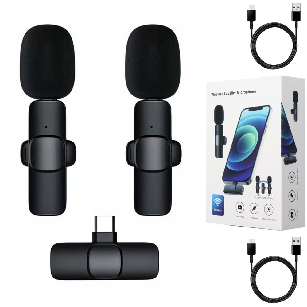 2x Mikrofon Krawatowy Bluetooth + Nadajnik USB-C | Czarny