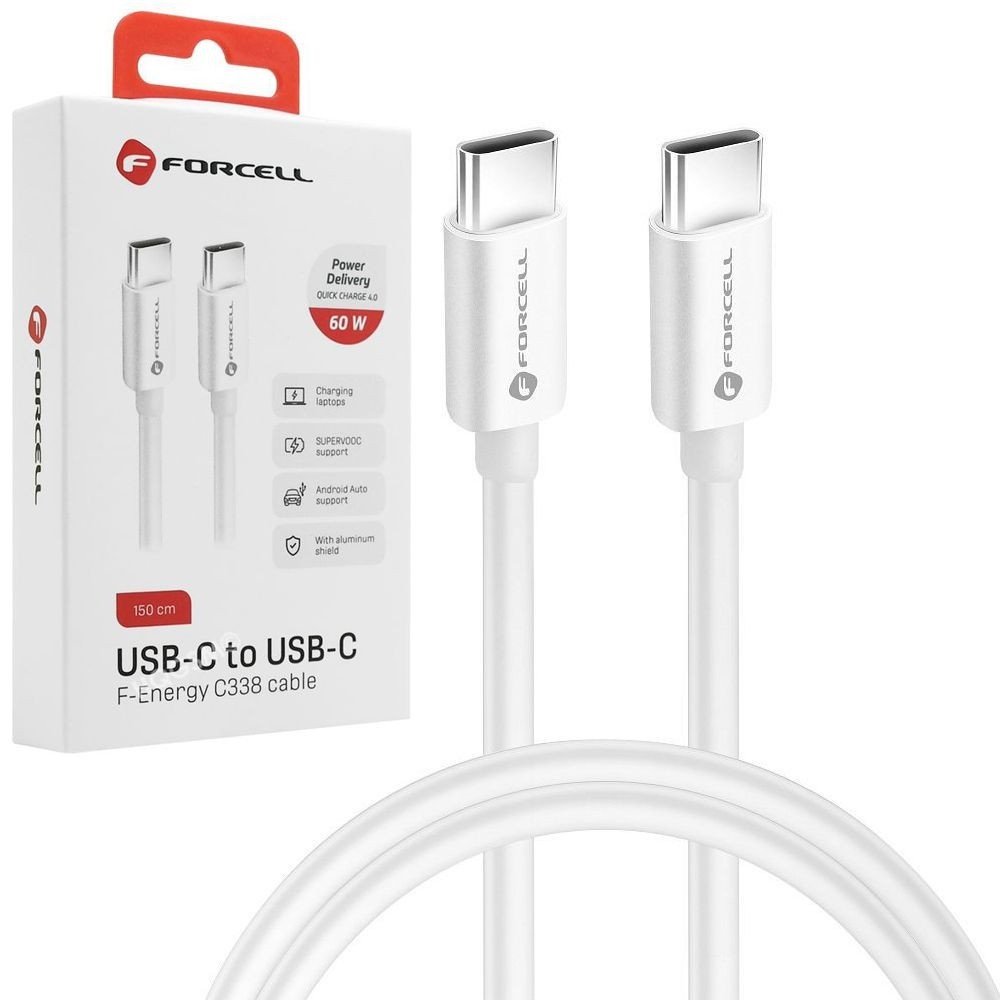 Forcell | Szybki Kabel USB-C PD QC 4.0 | 60W | Android Auto | Biały | 150cm