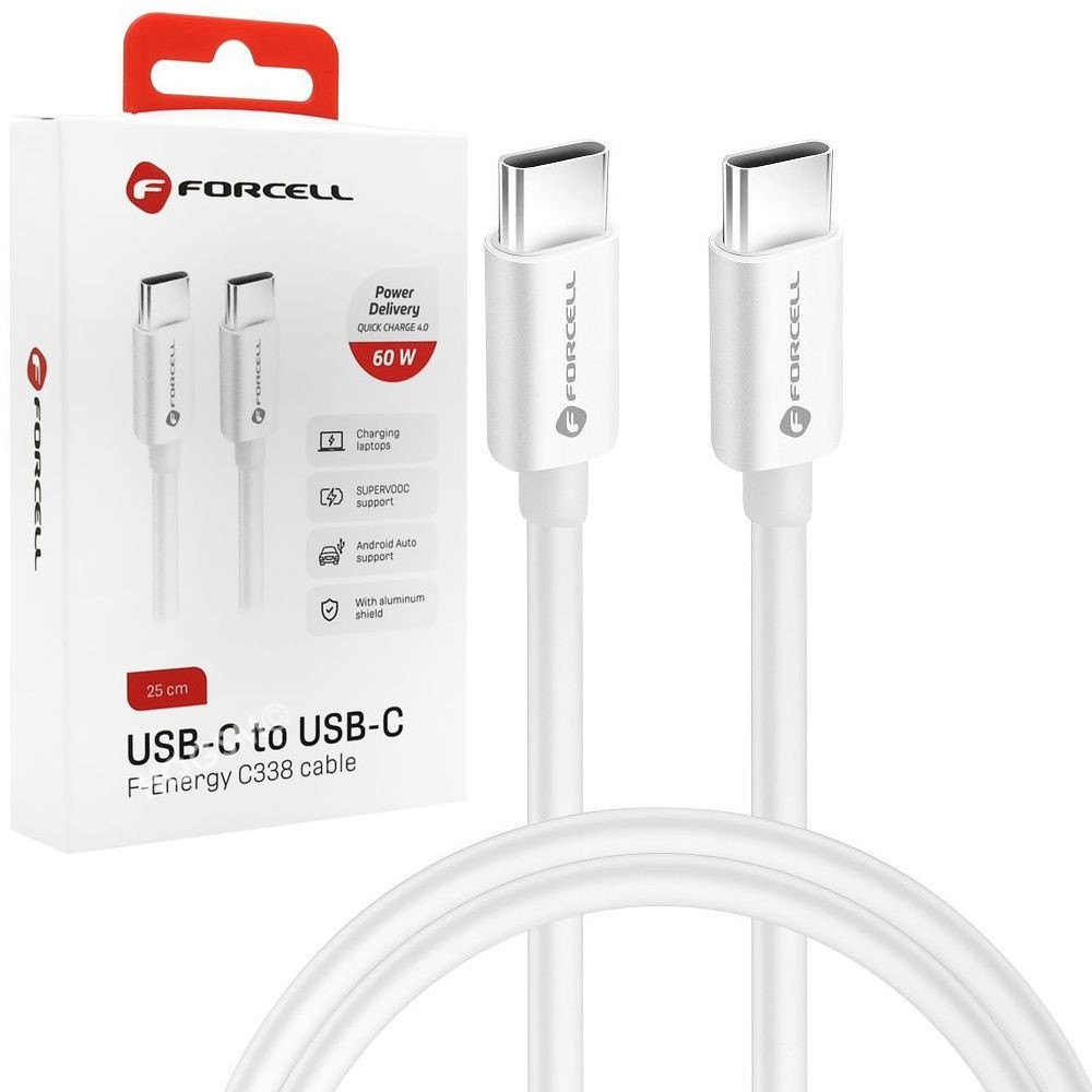 Forcell | Szybki Kabel USB-C PD QC 4.0 | 60W | Android Auto | Biały | 25cm