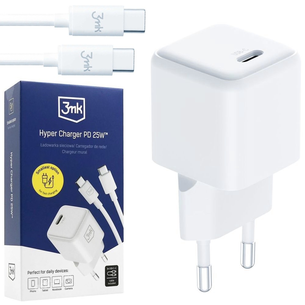 3mk Hyper Charger | Ładowarka Sieciowa USB-C PD 25W + Kabel USB-C | Biała