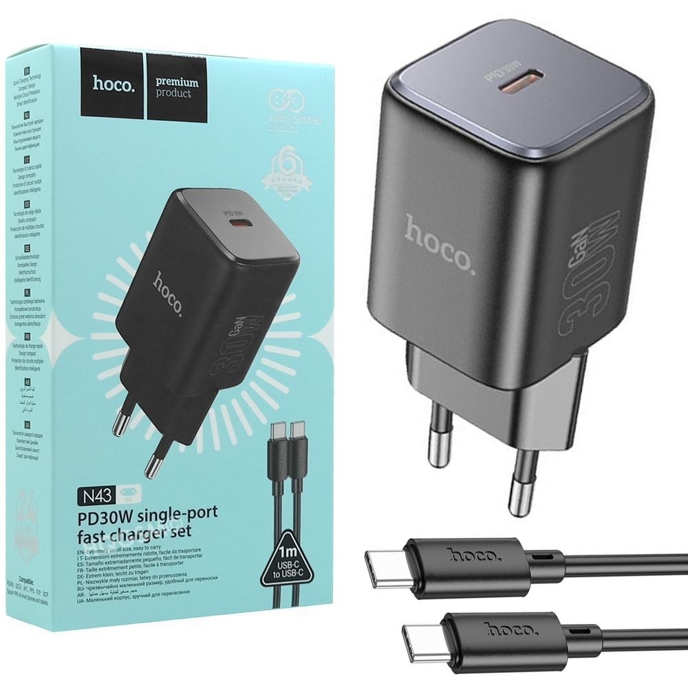 Hoco | Ładowarka Sieciowa USB-C PD 30W GaN | Czarna + Kabel USB-C