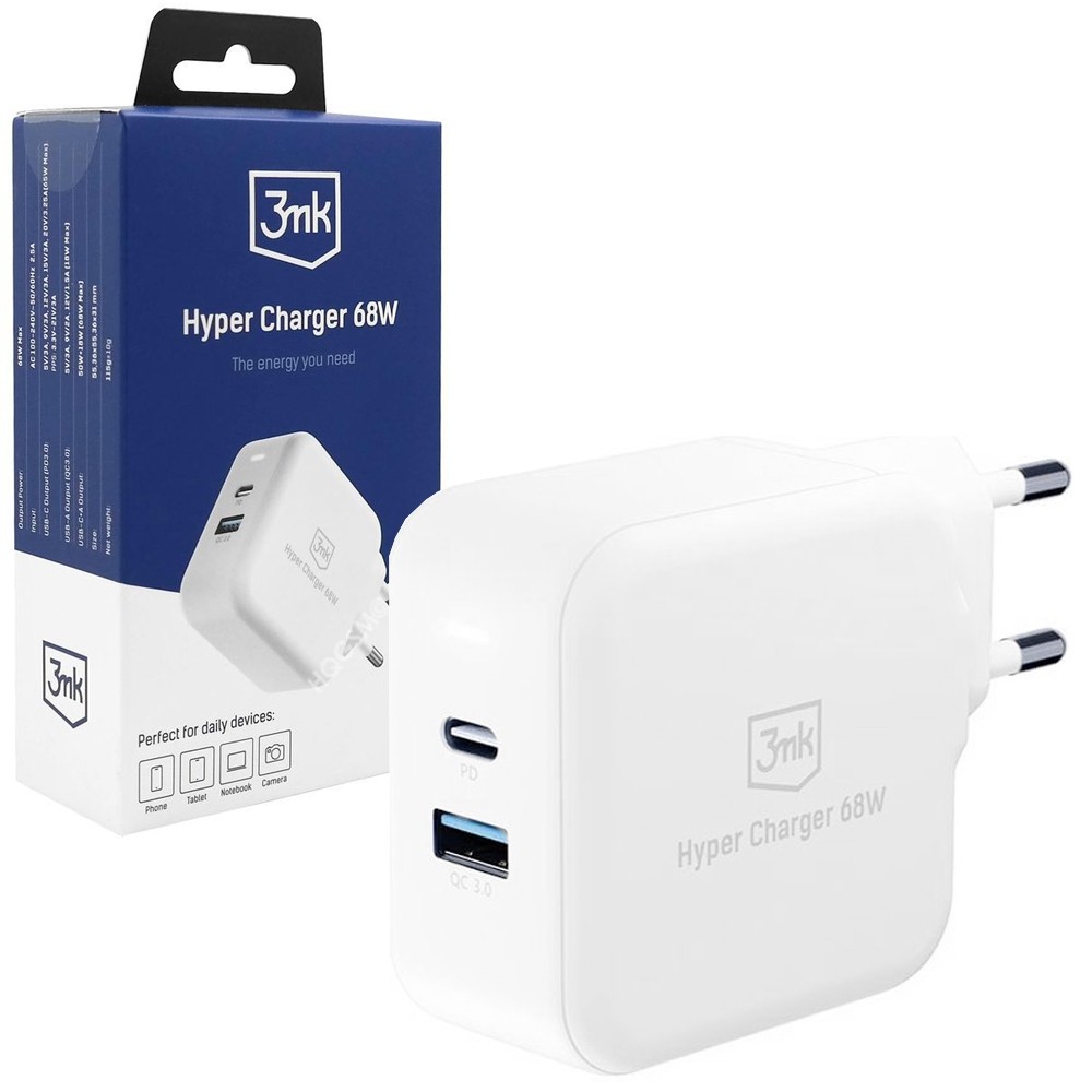 3mk Hyper | Ładowarka Sieciowa USB-C USB PD PPS QC3.0 | GaN 68W | Biała
