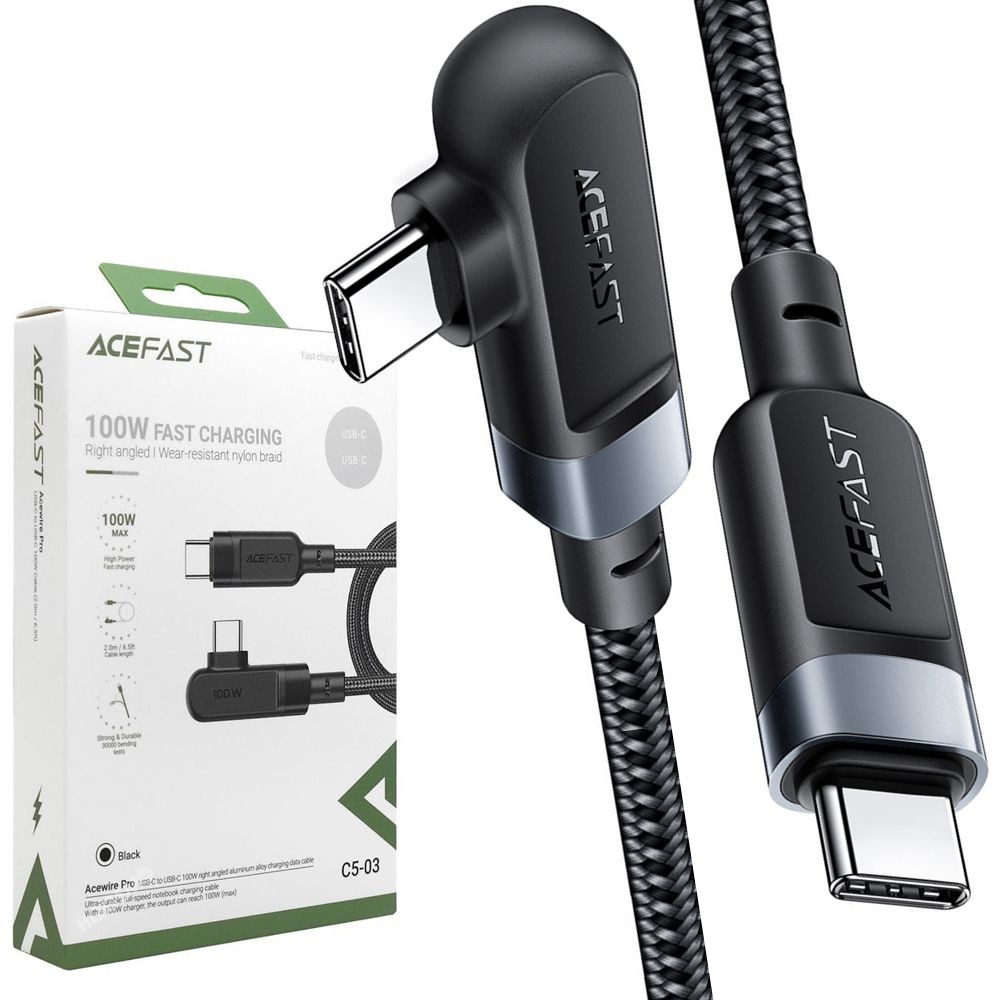 Acefast | Szybki Kątowy Kabel USB-C 100W | Czarny | 200cm