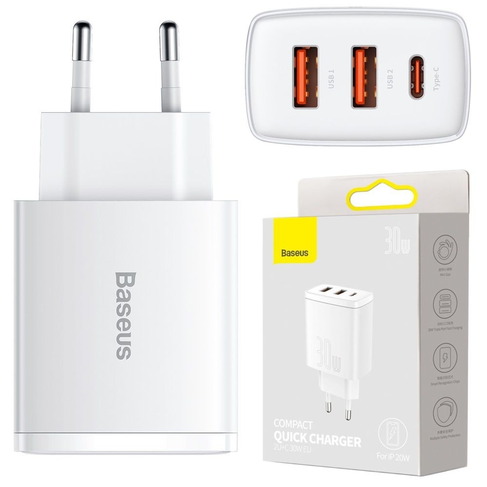 Baseus Compact | Ładowarka Sieciowa 2x USB USB-C | QC 3.0 PD 30W | Biała