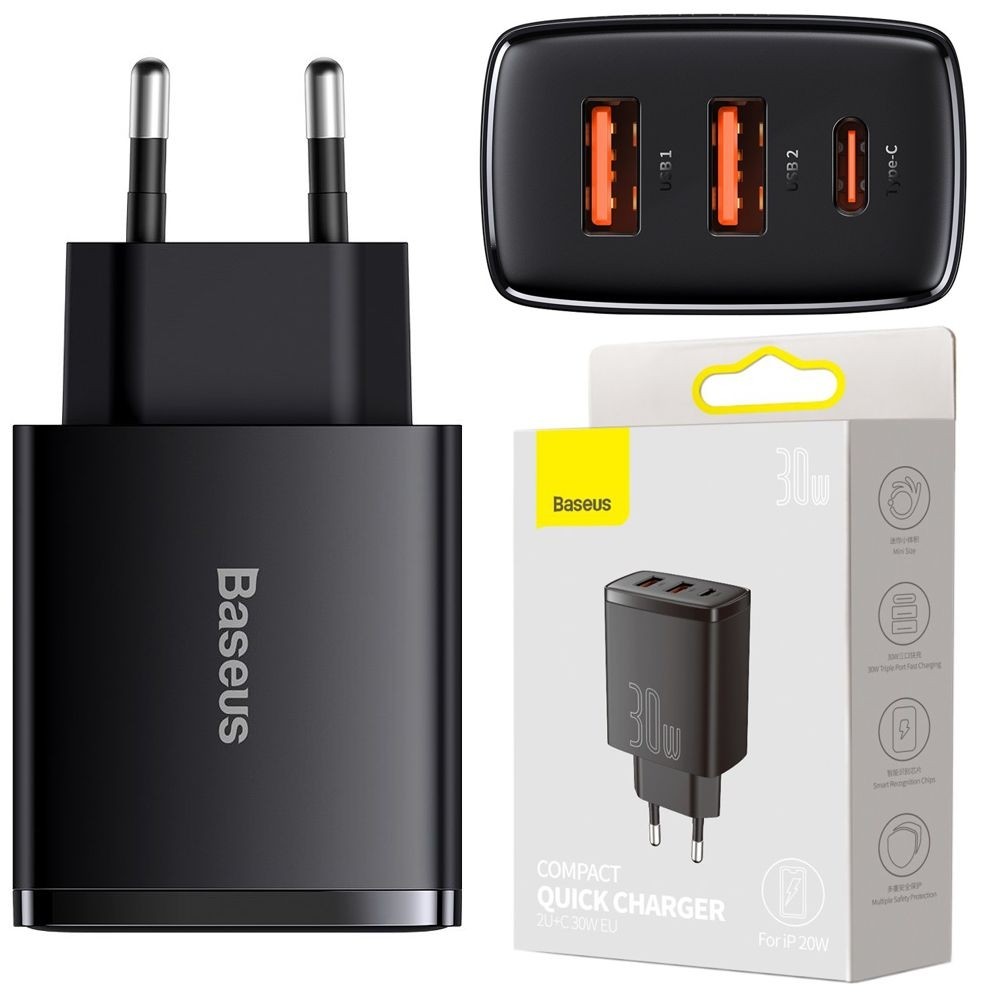 Baseus Compact | Ładowarka Sieciowa 2x USB USB-C | QC 3.0 PD 30W | Czarna