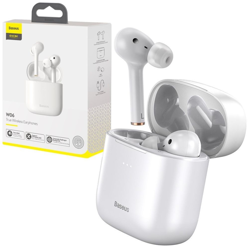 Baseus Encok W06 | Słuchawki BT 5.0 aptX + Etui Ładujące Powerbank | USB-C | Białe