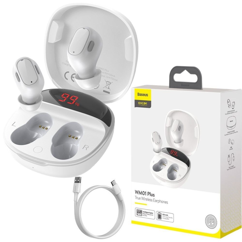 Baseus Encok WM01 Plus | Słuchawki BT 5.0 + Etui Ładujące Powerbank | USB-C | Białe