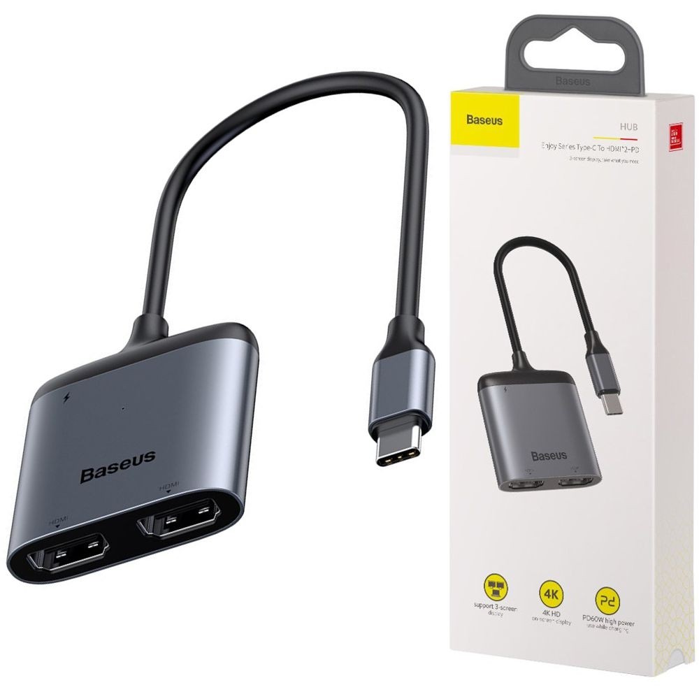 Baseus | Adapter Przejściówka MacBook USB-C na 2xHDMI 4K + PD | Gray