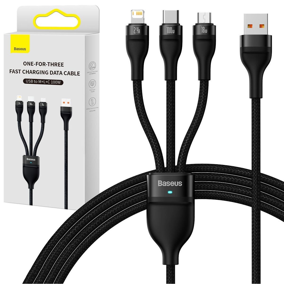 Baseus | Szybki Kabel 3w1 microUSB USB-C Lightning 100W | Czarny | 120cm