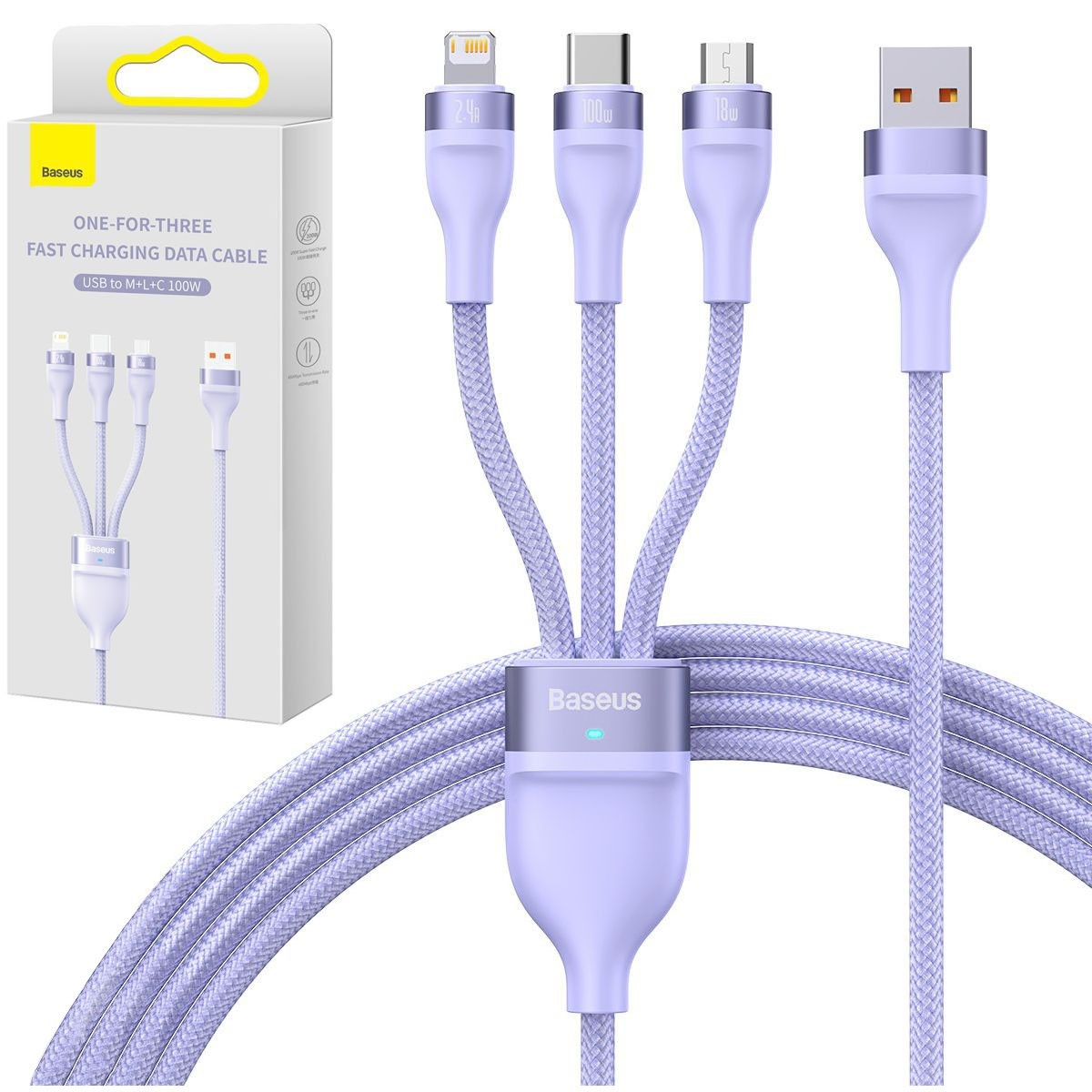 Baseus | Szybki Kabel 3w1 microUSB USB-C Lightning 100W | Fioletowy | 120cm