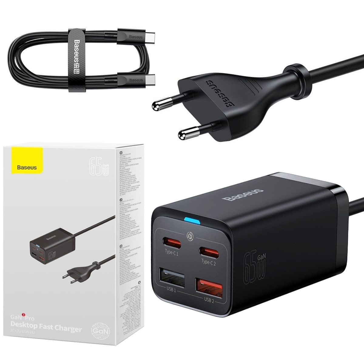 Baseus | Ładowarka Sieciowa Biurkowa 2x USB-C 2x USB | GaN 3 Pro |65W | Czarna