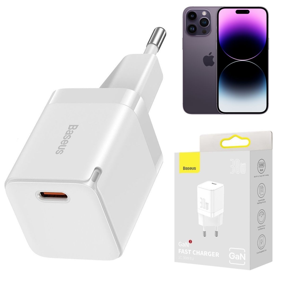 Baseus GAN 3 | Ładowarka Sieciowa USB-C 30W | Biała do Apple iPhone 14 / Plus / Pro / Pro Max