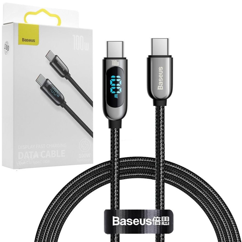 Baseus Display | Szybki Kabel USB-C 100W 5A z Wyświetlaczem LED | 100cm | Czarny