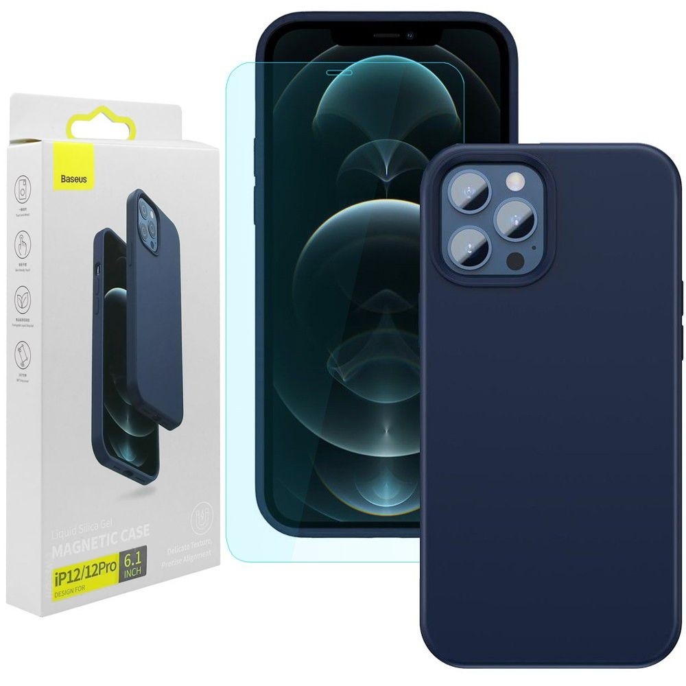 Baseus Silica Magnetic Case | Silikonowe Etui MagSafe | Blue + SZKŁO do Apple iPhone 12/12 Pro