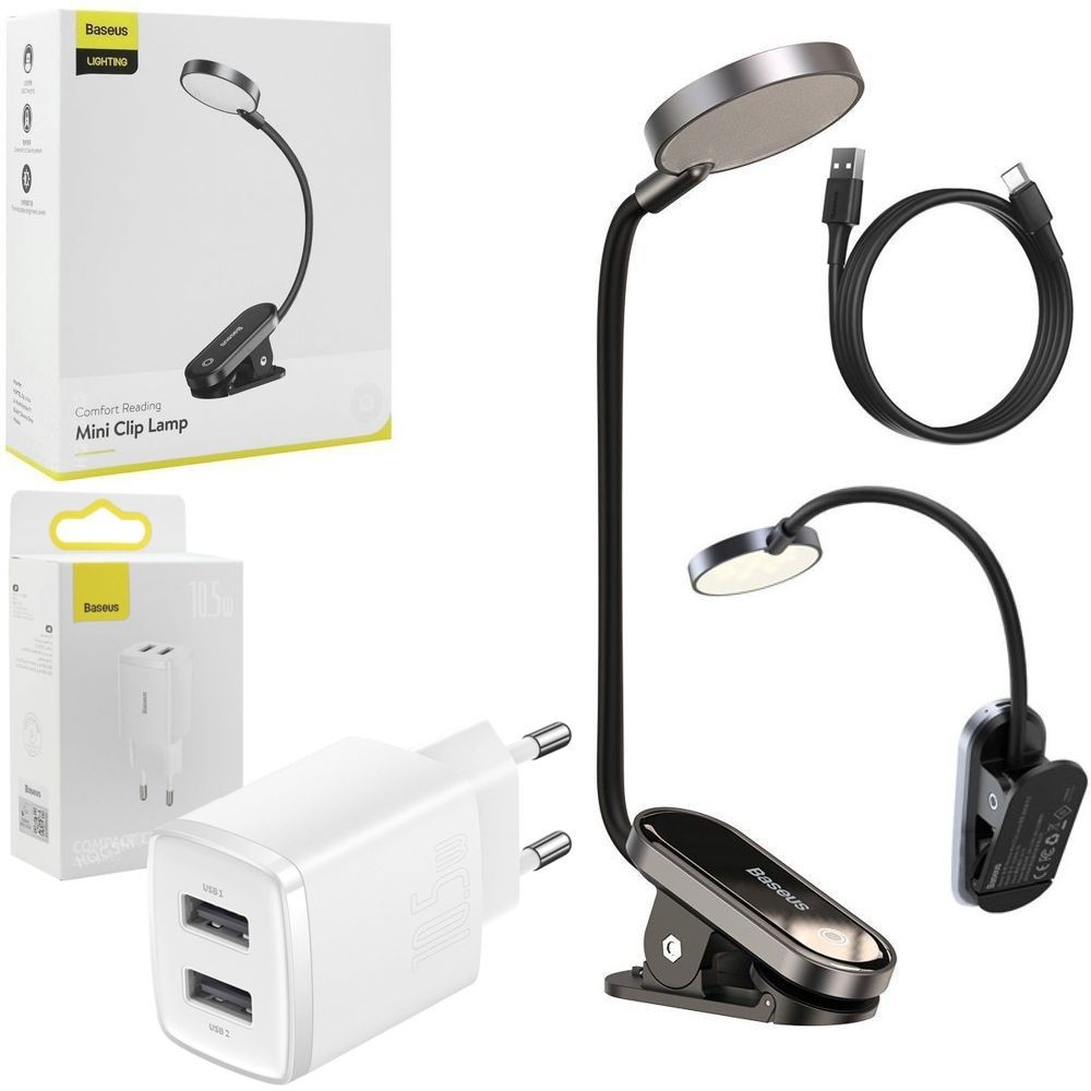 Baseus | Biurkowa Lampka LED z Klipsem | Wbudowana Bateria + Ładowarka 2x USB 10.5W | Biała