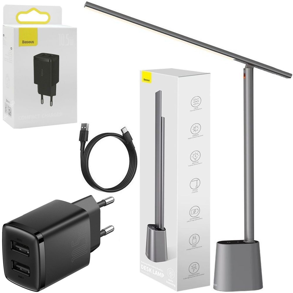 Baseus | Bezprzewodowa Biurkowa Lampka LED | Wbudowana Bateria 2200mAh | 3 Barwy Światła | Szara + Ładowarka 2x USB 10.5W | Czarna 