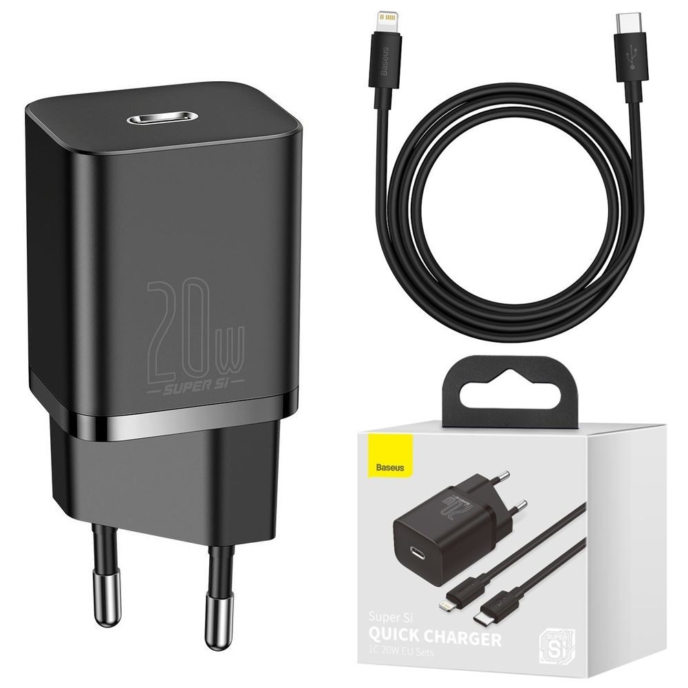 Baseus Super SI | Ładowarka Sieciowa USB-C 20W | Czarna + Kabel Apple Lightning