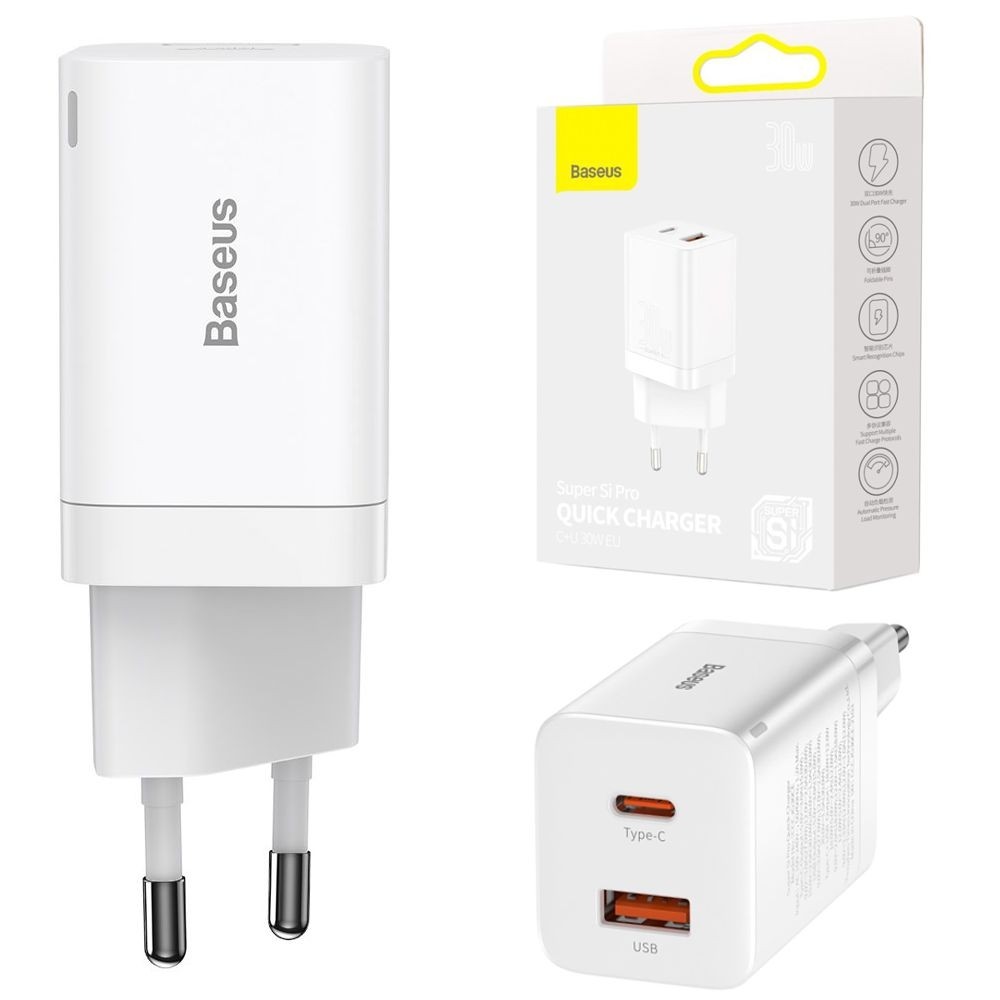 Baseus Super SI | Ładowarka Sieciowa USB USB-C 30W | Biała