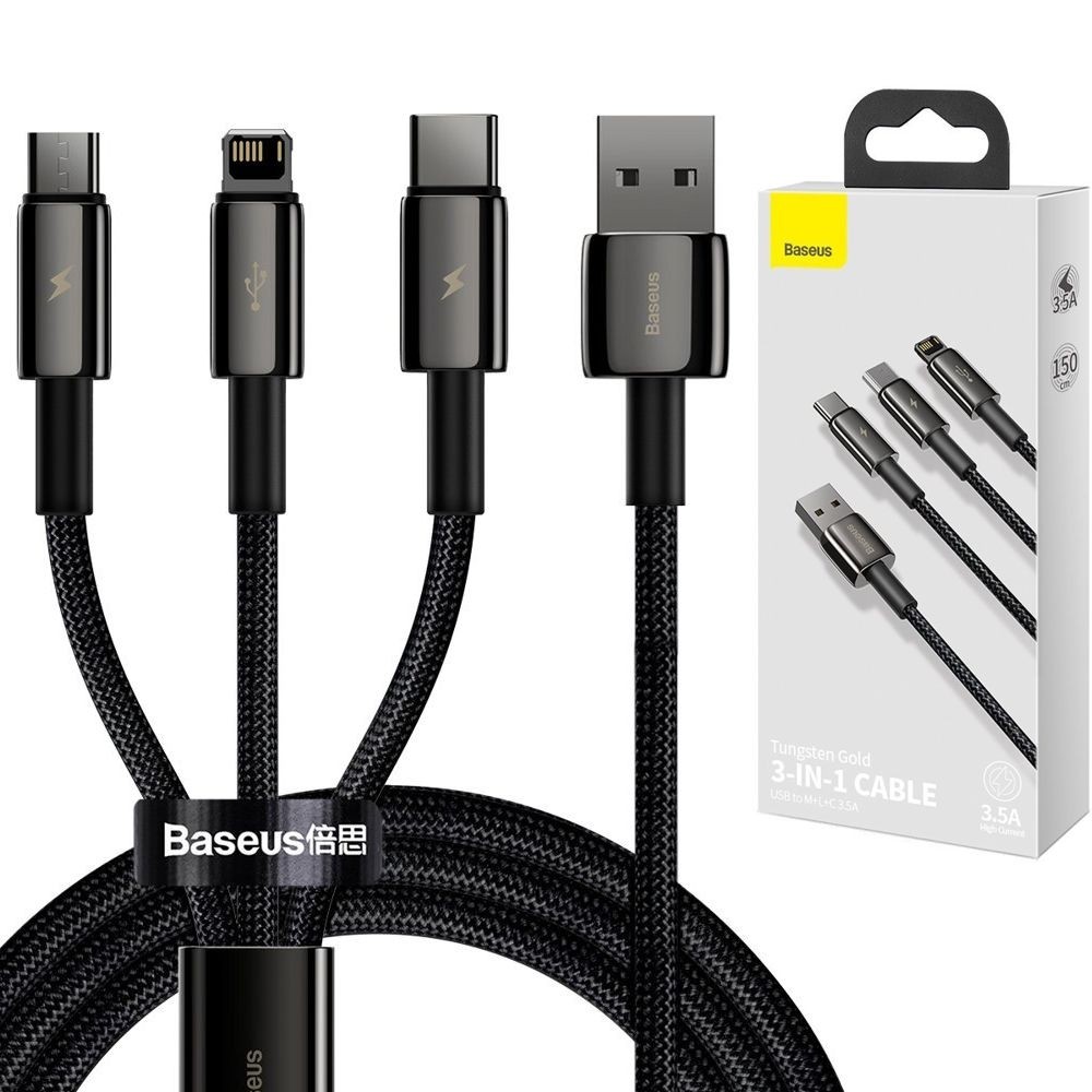 Baseus Tungsten | Szybki Kabel 3w1 microUSB USB-C Lightning 3.5A | 150cm
