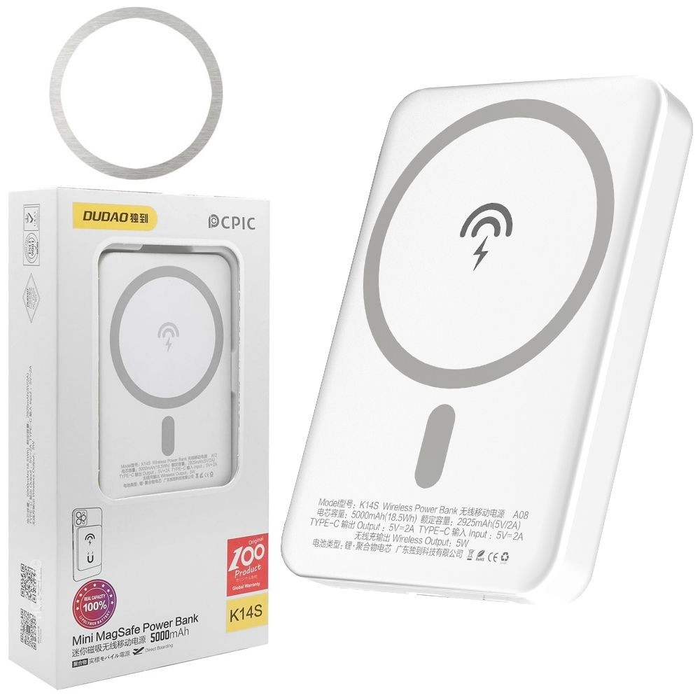 Dudao | Magnetic Wireless Battery Pack | PowerBank MagSafe USB-C | 5000mAh | Biały