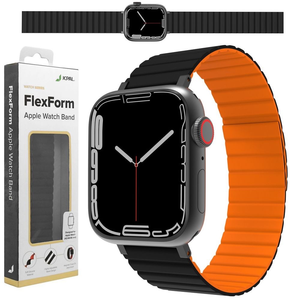 JCPAL FlexForm | Magnetyczny Pasek Silikonowy | Black Orange do Apple Watch 9/8/7 45mm