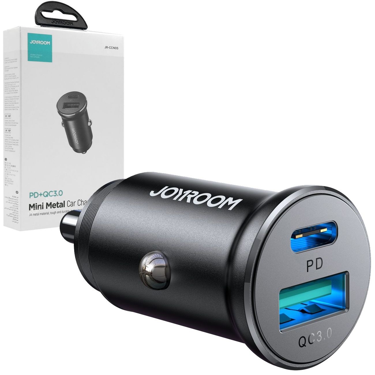 Joyroom | Mini Metalowa Ładowarka Samochodowa USB USB-C 30W QC PD 3.0 | Czarna