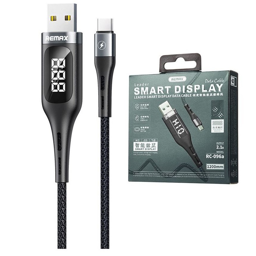 Remax Smart | Kabel USB-C z Wyświetlaczem LED + Timer Czasu Ładowania | Czarny