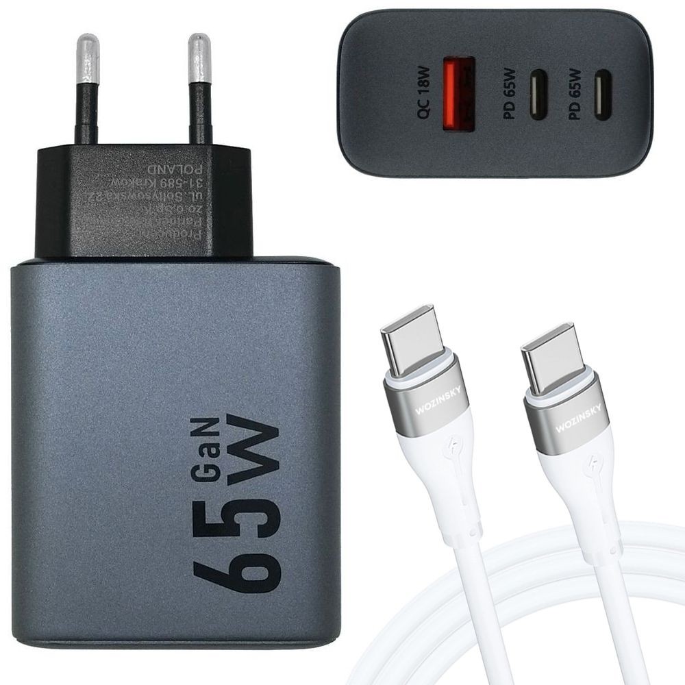 Forcell | Mocna Ładowarka Sieciowa 2x USB-C USB | GaN | 65W + Kabel USB-C 100cm