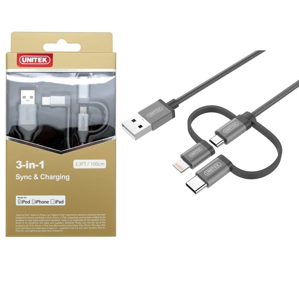 Unitek | Wytrzymały Kabel 3w1 Apple Lightning MicroUSB USB-C | MFI | 100cm