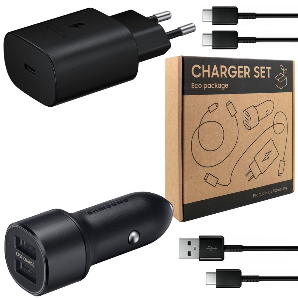 SAMSUNG Charger Set | Ładowarka Samochodowa 15W + Ładowarka Sieciowa 25W + Kabel USB-C 1.8m + Kabel USB 1.5m