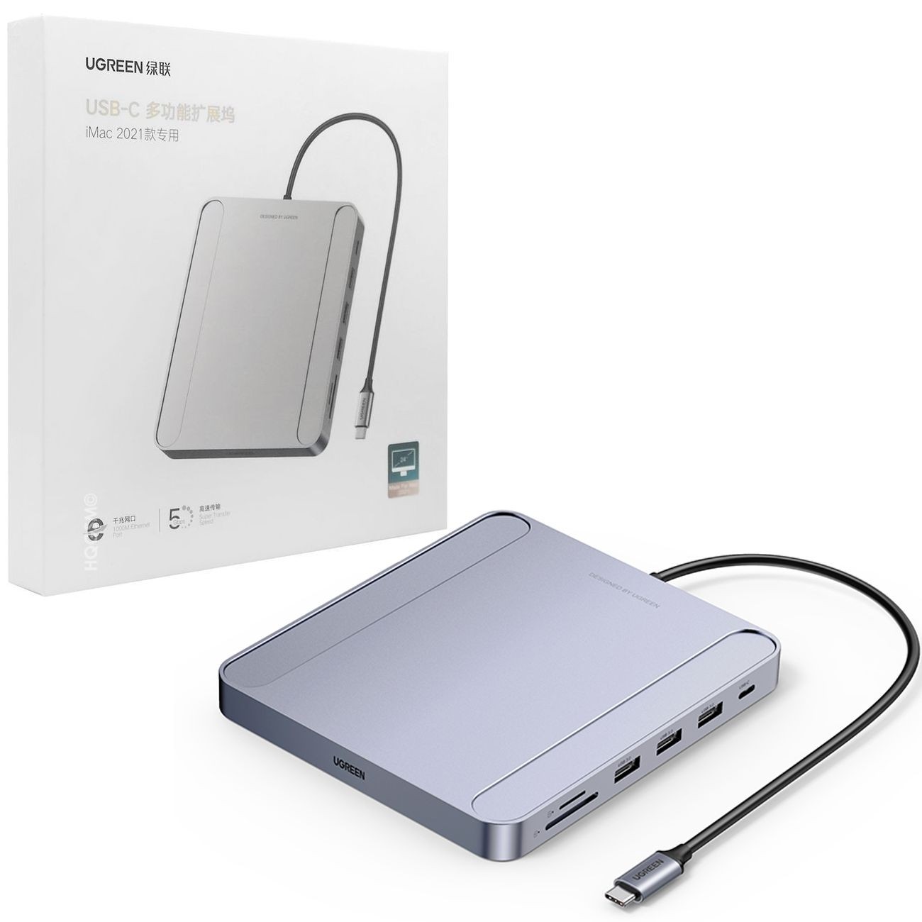 Ugreen 7w1 | USB-C HUB | USB-C 3x USB 3.0 Czytnik Kart SD TF Ethernet RJ45 do Apple iMac
