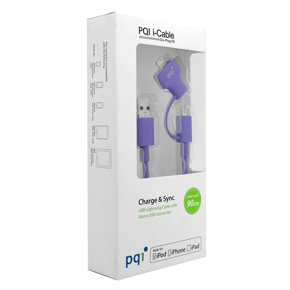 PQI i-Cable Du Plug | Kabel 2w1 do Apple Lightning microUSB | 90cm | Fioletowy