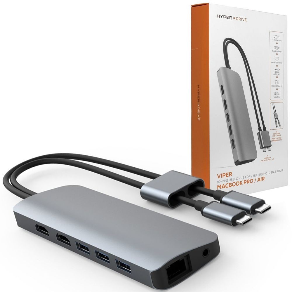 HyperDrive Viper 10-in-2 USB-C | HUB 2x USB-C 2x HDMI 4K 60Hz 3x USB Gigabit Ethernet microSD SD PD
