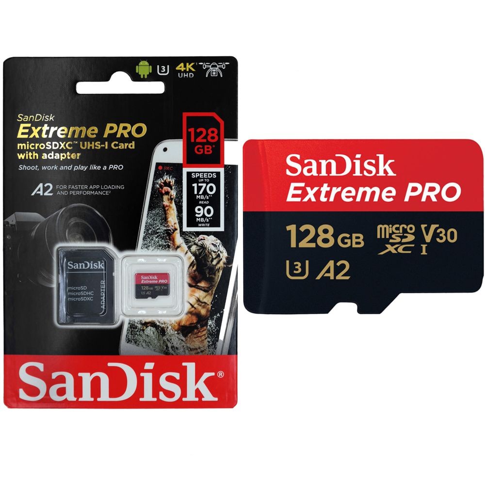 Karta Pamięci SanDisk Extreme PRO 128GB | 170/90 MB/s A2 C10 V30 UHS-I U3 + Adapter