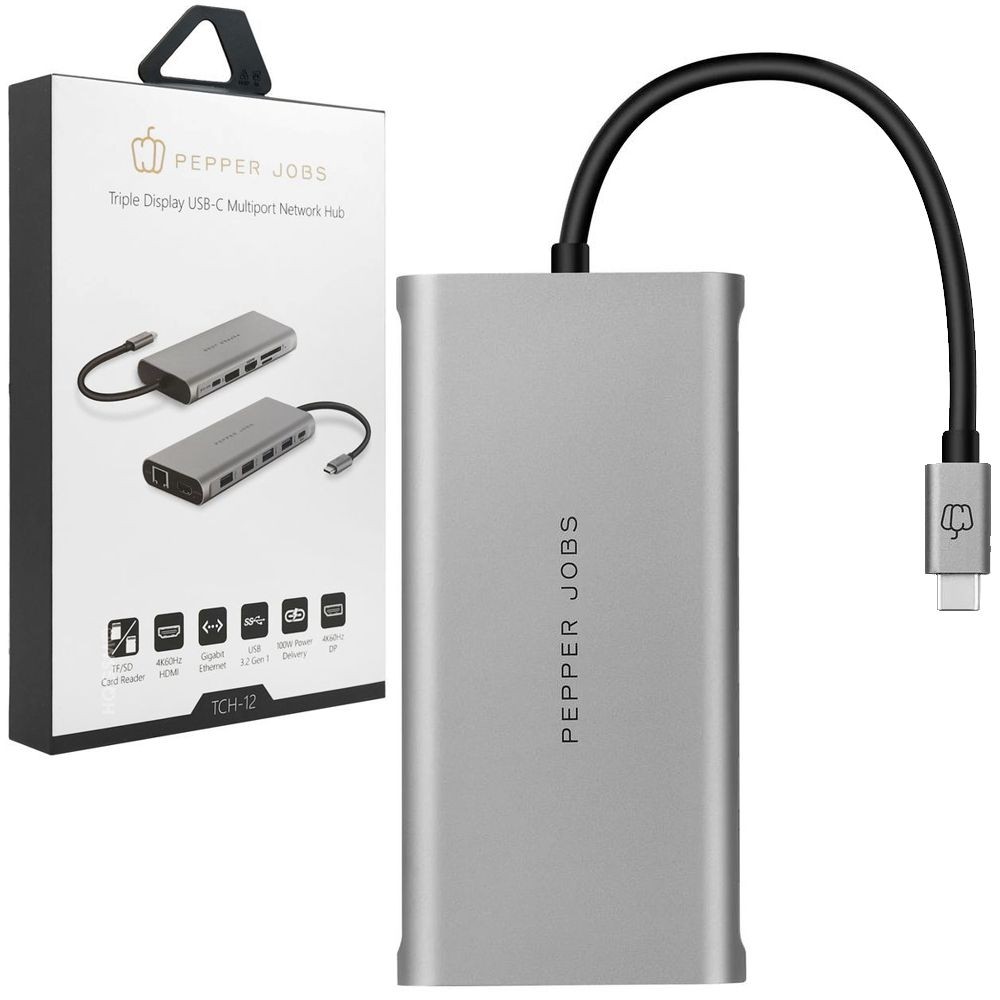 Pepper Jobs | 12w1 Hub USB-C | 2x HDMI Display Port 4xUSB SD/TF RJ-45 | USB-C PD 100W