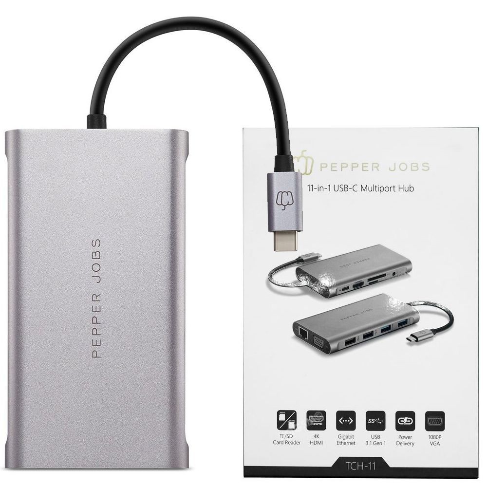 Pepper Jobs | 11w1 Hub USB-C | HDMI USB 3.1 Czytnik Kart Jack 3.5mm LAN 4xUSB Power Delivery