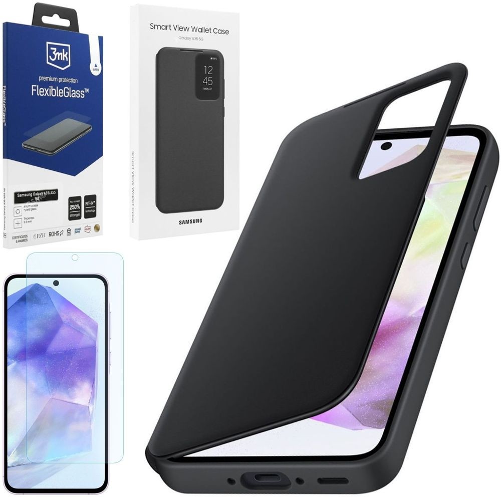 Oryginalne Etui Smart View Wallet Case | Czarne + SZKŁO 3mk FG do Samsung Galaxy A35 5G